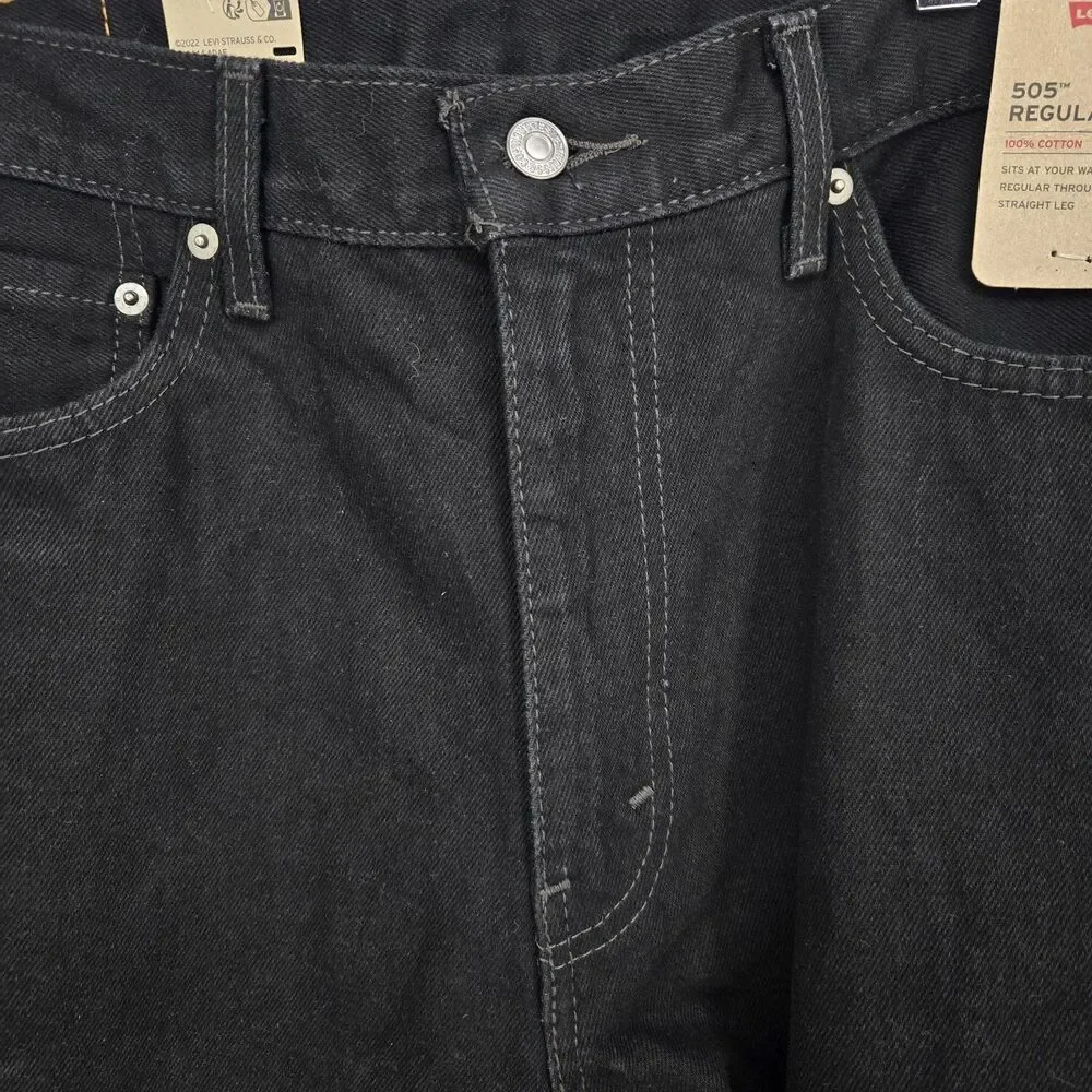 NWT Levis 505 Denim Jeans Mens 36x30 Regular Fit Straight Leg Black 100%‎ Cotton